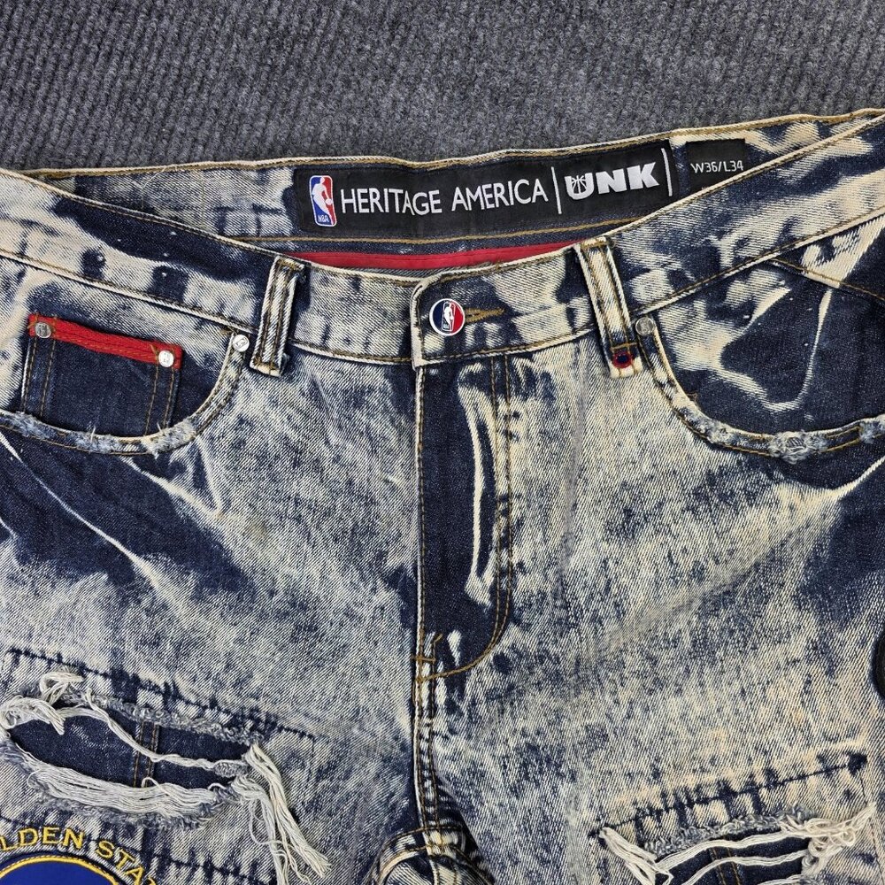 UNK Heritage America Jeans Mens 36 x 34 NBA Basketball Distressed Patches Grunge - Picture 8 of 16